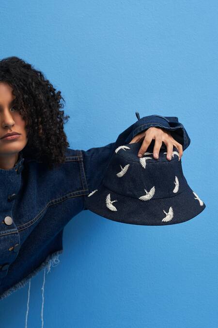 Buy_Siddhant Agrawal_Blue Embroidery Crane Bucket Hat _Online_at_Aza_Fashions
