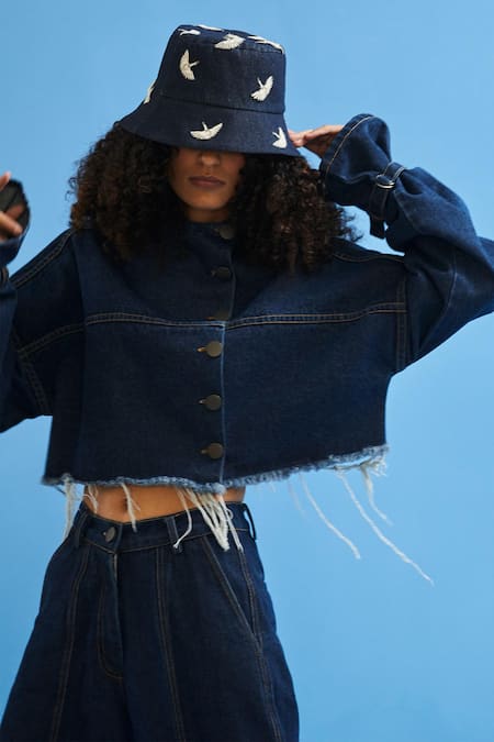 Shop_Siddhant Agrawal_Blue Embroidery Crane Bucket Hat _Online_at_Aza_Fashions