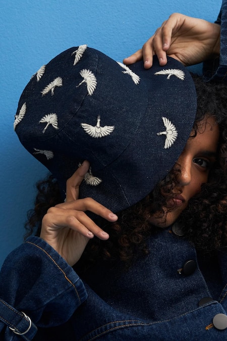 Siddhant Agrawal_Blue Embroidery Crane Bucket Hat _at_Aza_Fashions