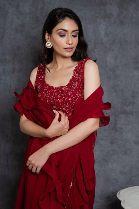Sunita Bhandari Maroon Viscose, Georgette Cut Ruffle Pre-draped Saree With Sleeveless Blouse Online at Aza Fashions Sunita Bhandari_Maroon Viscose, Georgette Cut Ruffle Pre-draped Saree With Sleeveless Blouse _Online_at_Aza_Fashions