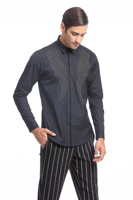 Shop_Rohit Gandhi + Rahul Khanna_Black Cotton Embroidery Applique Shirt _Online_at_Aza_Fashions