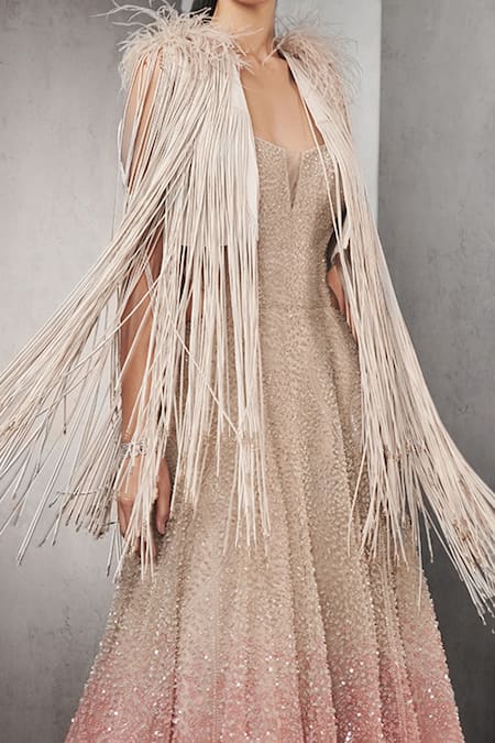Rohit Gandhi + Rahul Khanna_Pink Tulle, Linen Sequins, Crystals Astral Ombre Embellished Gown With Cape _Online_at_Aza_Fashions