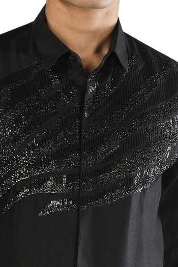 Rohit Gandhi + Rahul Khanna_Black Cotton Metallic Thread Hand Embellished Shirt_Online_at_Aza_Fashions