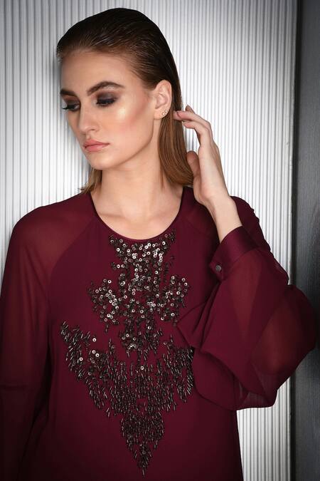 Buy Rohit Gandhi + Rahul Khanna Maroon Polyester Embellishment Bugle Beads Round Embroidered Top Online at Aza Fashions Buy_Rohit Gandhi + Rahul Khanna_Maroon Polyester Embellishment Bugle Beads Round Embroidered Top _Online_at_Aza_Fashions