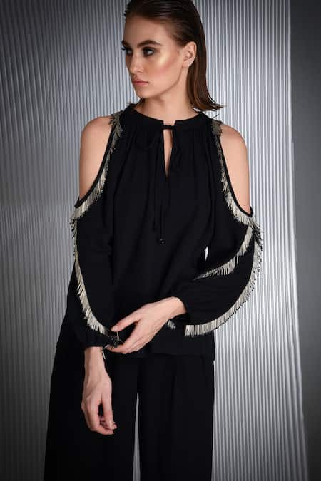 Buy_Rohit Gandhi + Rahul Khanna_Black Polyester, Crepe Tassels Bandeau Neck Cold Shoulder Detail Top _Online_at_Aza_Fashions