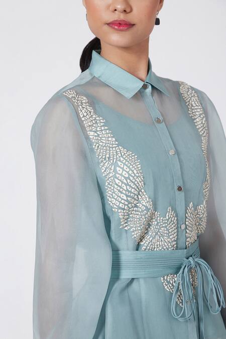 Buy_Rohit Gandhi + Rahul Khanna_Blue Organza Metallic Thread Collared Applique Embroidered Asymmetric Shirt _Online_at_Aza_Fashions