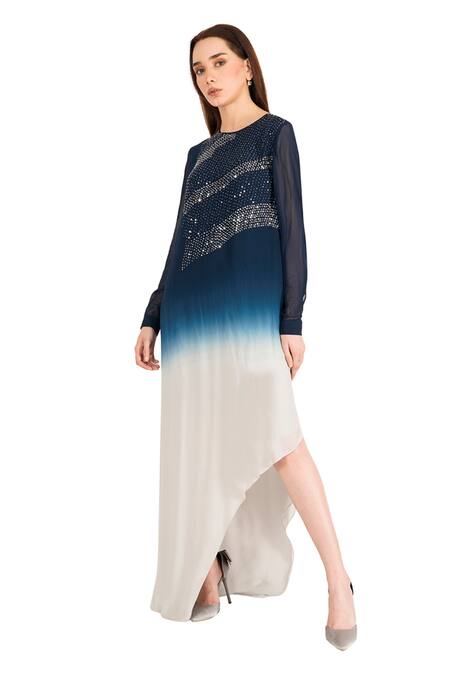 Shop Rohit Gandhi + Rahul Khanna Blue Viscose Georgette Embroidery Sequin Round Asymmetric Top Online at Aza Fashions Shop_Rohit Gandhi + Rahul Khanna_Blue Viscose Georgette Embroidery Sequin Round Asymmetric Top _Online_at_Aza_Fashions
