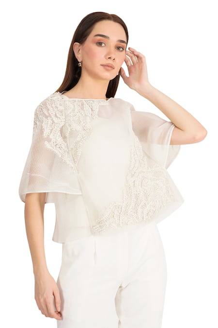 Shop_Rohit Gandhi + Rahul Khanna_Off White Microfiber Beads Round Neck Mesh Embroidered Top _Online_at_Aza_Fashions