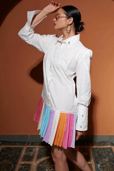 Kokokos_White Poplin Embroidery Colorbock Shirt Dress_Online_at_Aza_Fashions