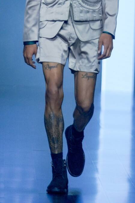 Dhruv Vaish_Grey Satin Quilted Vest And Shorts Set _Online_at_Aza_Fashions