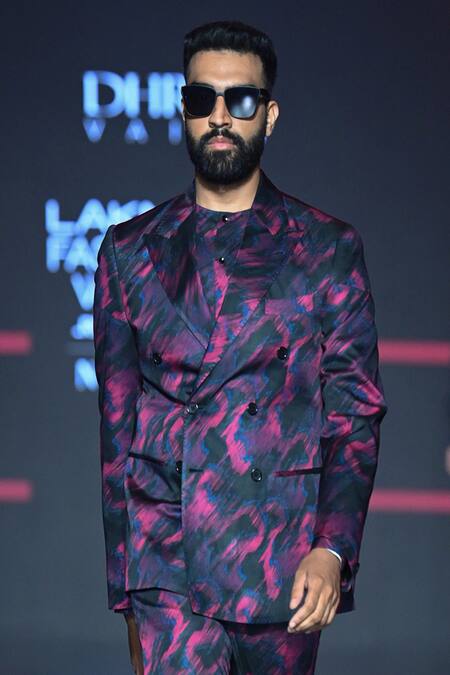 Buy Dhruv Vaish Black Viscose, Satin Abstract Print Double Breasted Jacket And Trouser Set Online at Aza Fashions Buy_Dhruv Vaish_Black Viscose, Satin Abstract Print Double Breasted Jacket And Trouser Set_Online_at_Aza_Fashions