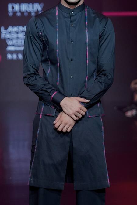 Dhruv Vaish Black Cotton Satin Double Flap Kurta Online at Aza Fashions Dhruv Vaish_Black Cotton Satin Double Flap Kurta_Online_at_Aza_Fashions