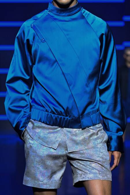 Dhruv Vaish_Silver Faux Leather Foil Shorts_Online_at_Aza_Fashions