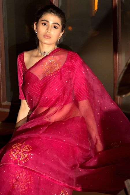 Deep Thee_Pink Organza, Chanderi Embroidery Asymmetric Hand Saree With Blouse _Online_at_Aza_Fashions