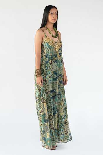 Nikita Vishakha_Green Georgette Floral V Neck Diana Printed Dress _Online_at_Aza_Fashions