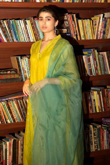 Buy Deep Thee Green Chanderi, Organza Embroidery V-neck Side Panelled A-line Kurta Set Online at Aza Fashions Buy_Deep Thee_Green Chanderi, Organza Embroidery V-neck Side Panelled A-line Kurta Set _Online_at_Aza_Fashions