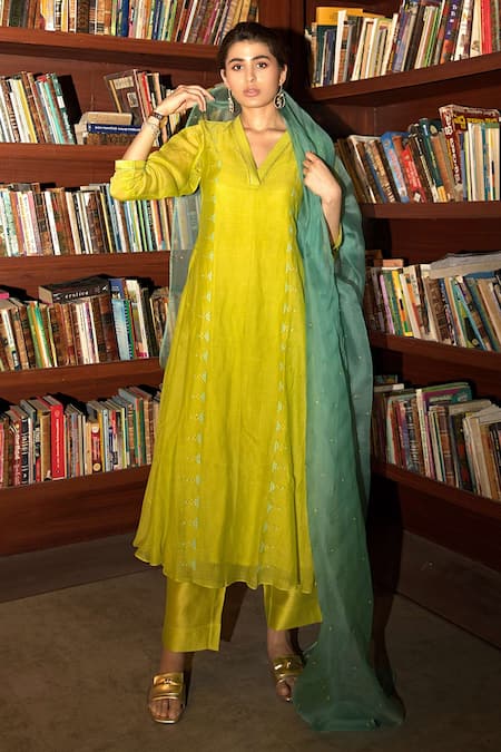 Shop Deep Thee Green Chanderi, Organza Embroidery V-neck Side Panelled A-line Kurta Set Online at Aza Fashions Shop_Deep Thee_Green Chanderi, Organza Embroidery V-neck Side Panelled A-line Kurta Set _Online_at_Aza_Fashions