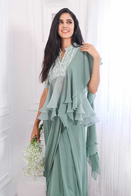 PIRI INDIA_Green Georgette, Organza, Ruffled And Pre-draped Saree With Embroidered Peplum _at_Aza_Fashions