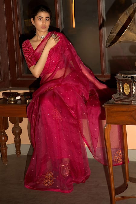 Buy_Deep Thee_Pink Organza, Chanderi Embroidery Asymmetric Hand Saree With Blouse _Online_at_Aza_Fashions