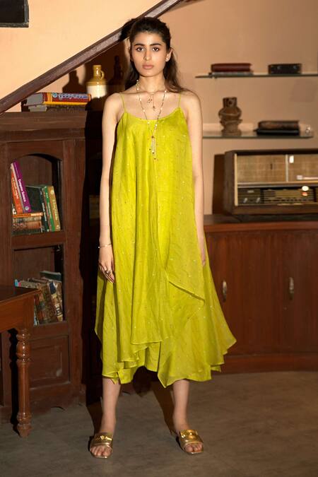 Buy_Deep Thee_Green Chanderi Embroidery Scoop Neck Neon Dot Dress _Online_at_Aza_Fashions
