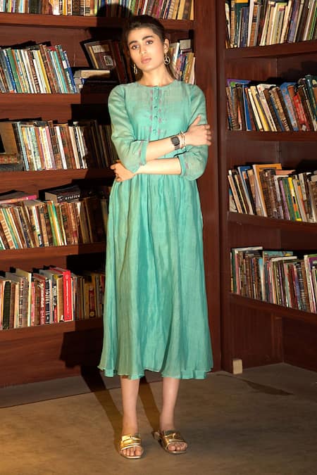 Shop Deep Thee Blue Chanderi Embroidery Round Neck Placket Dress Online at Aza Fashions Shop_Deep Thee_Blue Chanderi Embroidery Round Neck Placket Dress _Online_at_Aza_Fashions