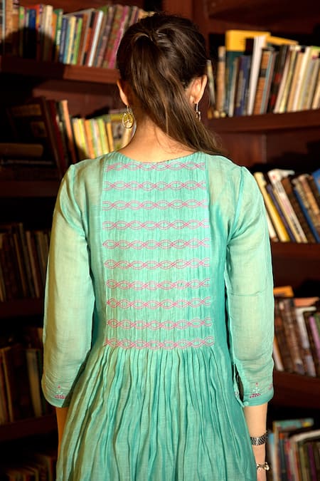 Deep Thee Blue Chanderi Embroidery Round Neck Placket Dress at Aza Fashions Deep Thee_Blue Chanderi Embroidery Round Neck Placket Dress _at_Aza_Fashions