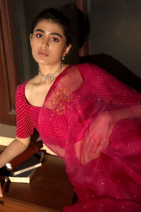 Shop_Deep Thee_Pink Organza, Chanderi Embroidery Asymmetric Hand Saree With Blouse _Online_at_Aza_Fashions