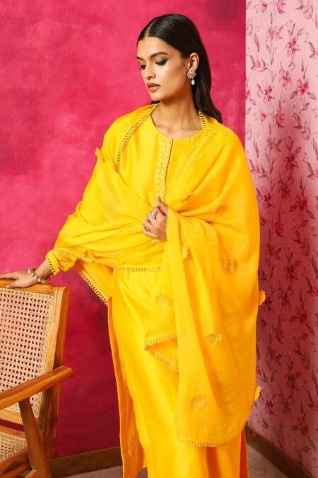 Dohr India Yellow Silk, Chanderi, Organza Sequins, Lace, Seher Kurta Palazzo Set Online at Aza Fashions Dohr India_Yellow Silk, Chanderi, Organza Sequins, Lace, Seher Kurta Palazzo Set _Online_at_Aza_Fashions