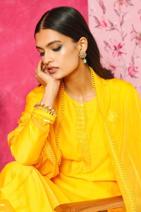 Buy Dohr India Yellow Silk, Chanderi, Organza Sequins, Lace, Seher Kurta Palazzo Set Online at Aza Fashions Buy_Dohr India_Yellow Silk, Chanderi, Organza Sequins, Lace, Seher Kurta Palazzo Set _Online_at_Aza_Fashions