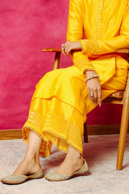 Shop Dohr India Yellow Silk, Chanderi, Organza Sequins, Lace, Seher Kurta Palazzo Set Online at Aza Fashions Shop_Dohr India_Yellow Silk, Chanderi, Organza Sequins, Lace, Seher Kurta Palazzo Set _Online_at_Aza_Fashions