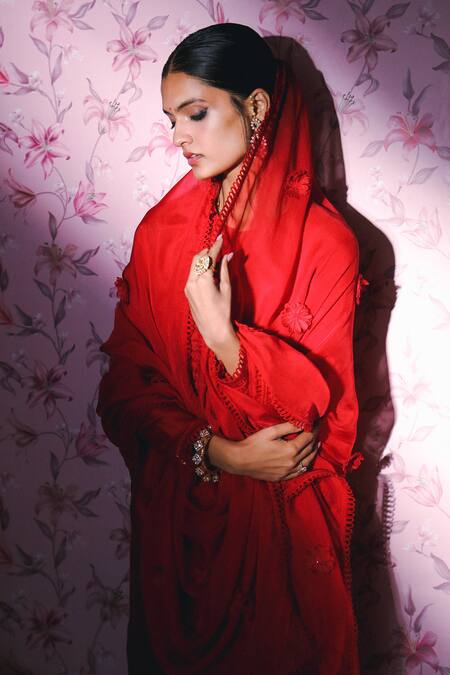 Dohr India Red Silk, Chanderi, Organza Sequins, Sanah Embellished Placket Kurta Palazzo Set Online at Aza Fashions Dohr India_Red Silk, Chanderi, Organza Sequins, Sanah Embellished Placket Kurta Palazzo Set _Online_at_Aza_Fashions