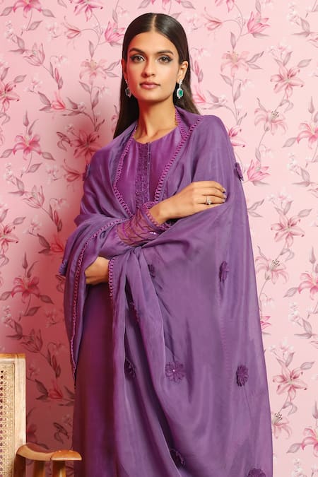 Dohr India_Purple Silk, Chanderi, Organza Embroidery, Sequins, Saira Kurta Palazzo Set _Online_at_Aza_Fashions