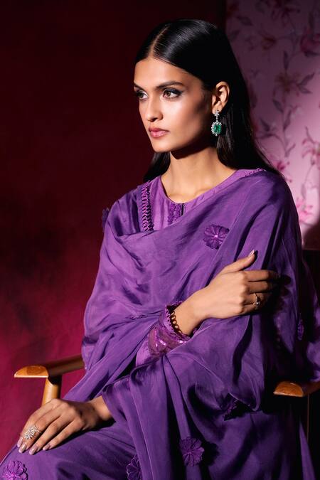 Buy_Dohr India_Purple Silk, Chanderi, Organza Embroidery, Sequins, Saira Kurta Palazzo Set _Online_at_Aza_Fashions