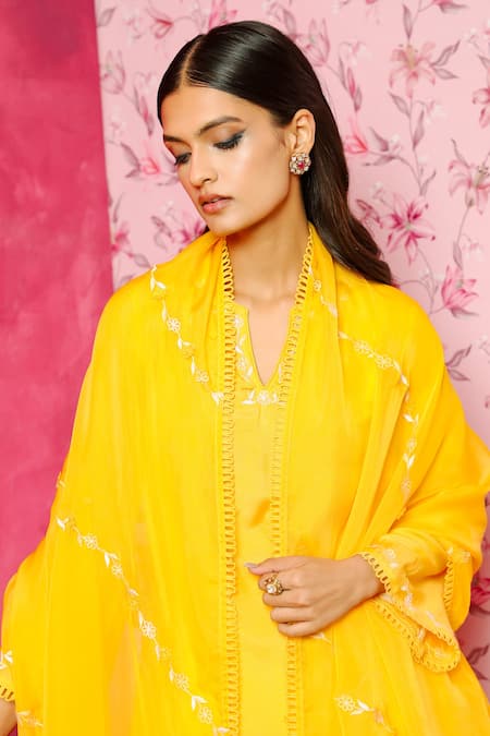 Buy_Dohr India_Yellow Silk, Organza, Chanderi Embroidery Round Farah A-line Kurta Pant Set _Online_at_Aza_Fashions
