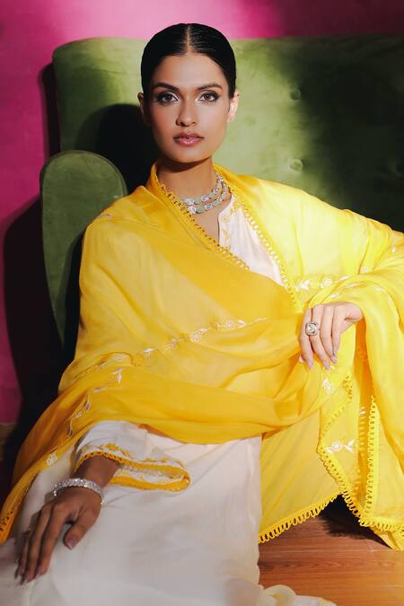 Buy Dohr India White Silk, Chanderi, Organza Embroidery, Lace Nargis Kalidar Kurta Pant Set Online at Aza Fashions Buy_Dohr India_White Silk, Chanderi, Organza Embroidery, Lace Nargis Kalidar Kurta Pant Set _Online_at_Aza_Fashions