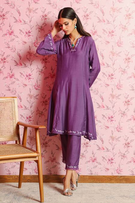 Dohr India Purple Silk, Chanderi, Organza Embroidery Round Neck Fiza A-line Kurta Pant Set Online at Aza Fashions Dohr India_Purple Silk, Chanderi, Organza Embroidery Round Neck Fiza A-line Kurta Pant Set _Online_at_Aza_Fashions
