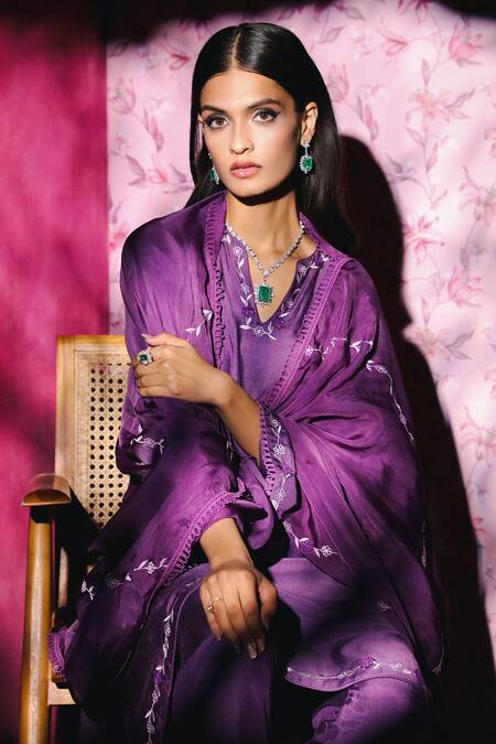 Shop Dohr India Purple Silk, Chanderi, Organza Embroidery Round Neck Fiza A-line Kurta Pant Set Online at Aza Fashions Shop_Dohr India_Purple Silk, Chanderi, Organza Embroidery Round Neck Fiza A-line Kurta Pant Set _Online_at_Aza_Fashions