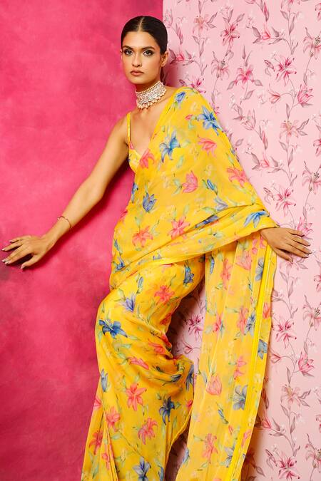 Dohr India_Yellow Organza, Silk Round Neck Garden Print Pre-draped Saree _Online_at_Aza_Fashions