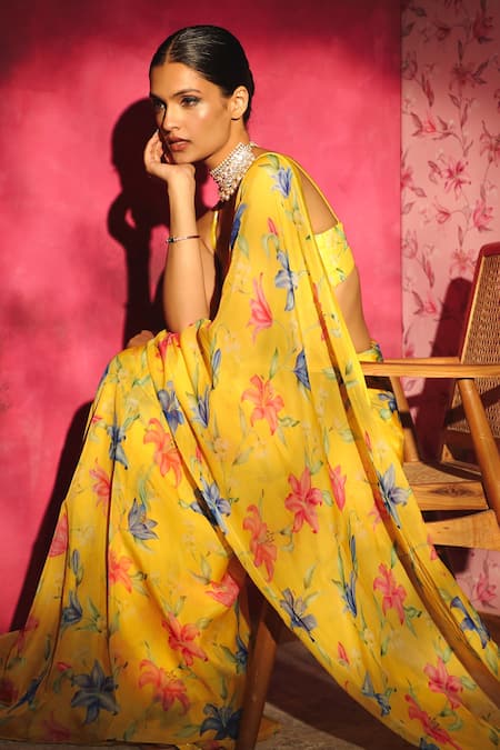 Buy_Dohr India_Yellow Organza, Silk Round Neck Garden Print Pre-draped Saree _Online_at_Aza_Fashions
