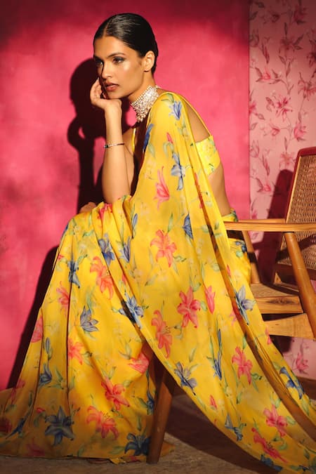 Buy Dohr India Yellow Organza, Silk Cut Work Garden Print Saree With Unstitched Blouse Piece Online at Aza Fashions Buy_Dohr India_Yellow Organza, Silk Cut Work Garden Print Saree With Unstitched Blouse Piece _Online_at_Aza_Fashions