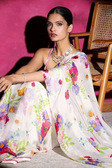 Buy_Dohr India_White Saree Organza Printed Floristry With Unstitched Blouse Piece _Online_at_Aza_Fashions