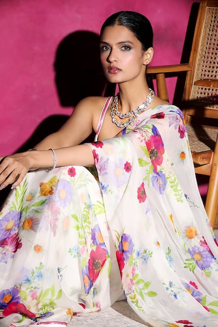 Buy_Dohr India_White Organza, Silk Embroidery V-neck Floristry Print Pre-draped Saree _Online_at_Aza_Fashions