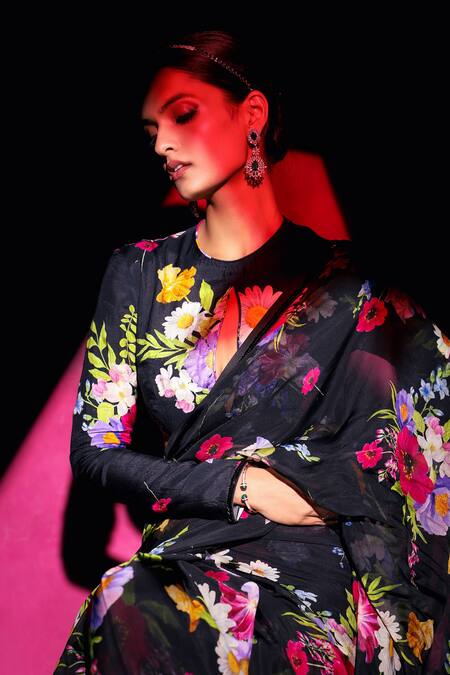 Buy Dohr India Black Organza, Silk Embroidery, Spring Saree With Unstitched Blouse Piece Online at Aza Fashions Buy_Dohr India_Black Organza, Silk Embroidery, Spring Saree With Unstitched Blouse Piece _Online_at_Aza_Fashions