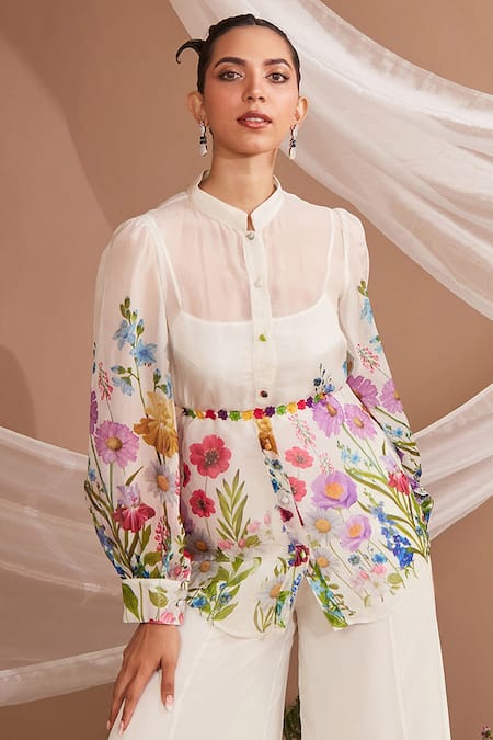Dohr India_White Shirt Organza Printed Tropical Mandarin Collar And Pant Set _Online_at_Aza_Fashions