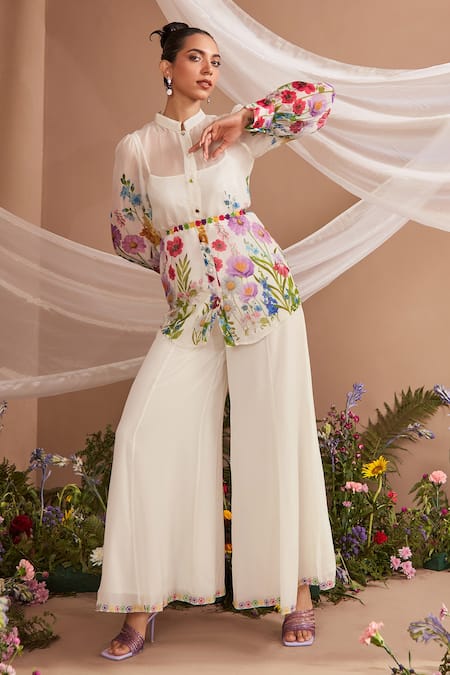 Buy_Dohr India_White Shirt Organza Printed Tropical Mandarin Collar And Pant Set _Online_at_Aza_Fashions