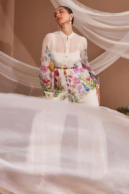 Shop_Dohr India_White Shirt Organza Printed Tropical Mandarin Collar And Pant Set _Online_at_Aza_Fashions