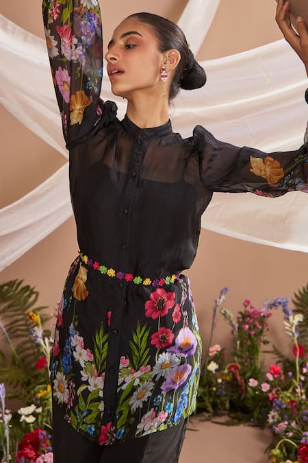 Dohr India Black Organza, Crepe, Cotton Embroidery Mandarin Floral Print Shirt And Pant Set Online at Aza Fashions Dohr India_Black Organza, Crepe, Cotton Embroidery Mandarin Floral Print Shirt And Pant Set _Online_at_Aza_Fashions