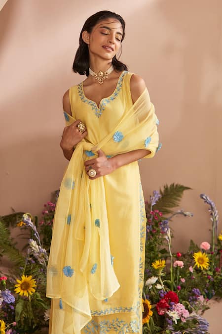 Dohr India_Yellow Silk, Chanderi, Cotton, Kota Doria Neckline Straight Kurta Set _Online_at_Aza_Fashions