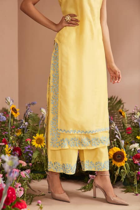 Buy_Dohr India_Yellow Silk, Chanderi, Cotton, Kota Doria Neckline Straight Kurta Set _Online_at_Aza_Fashions