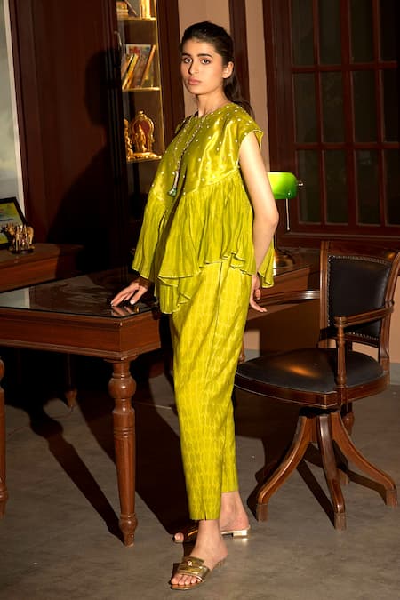 Buy Deep Thee Green Chanderi Embroidery Round Neck Gathered Top And Pant Set Online at Aza Fashions Buy_Deep Thee_Green Chanderi Embroidery Round Neck Gathered Top And Pant Set _Online_at_Aza_Fashions